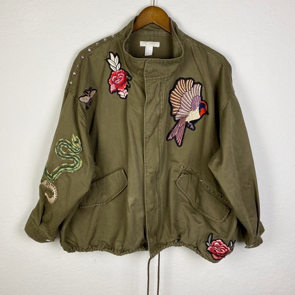 H&M Green Embroidered Studded Utility Jacket LARGE